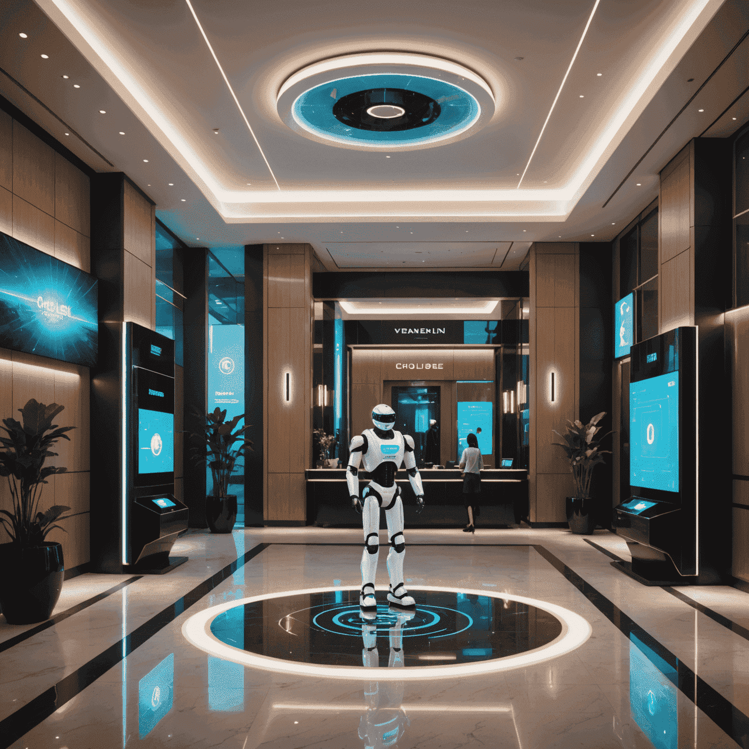 A futuristic hotel lobby with holographic displays, robots assisting guests, and smart room control panels visible on the walls