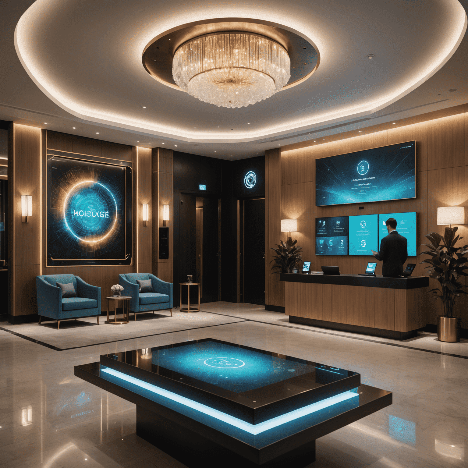 A modern hotel lobby with holographic displays showing AI concierge services and guests using smartphones to control room features