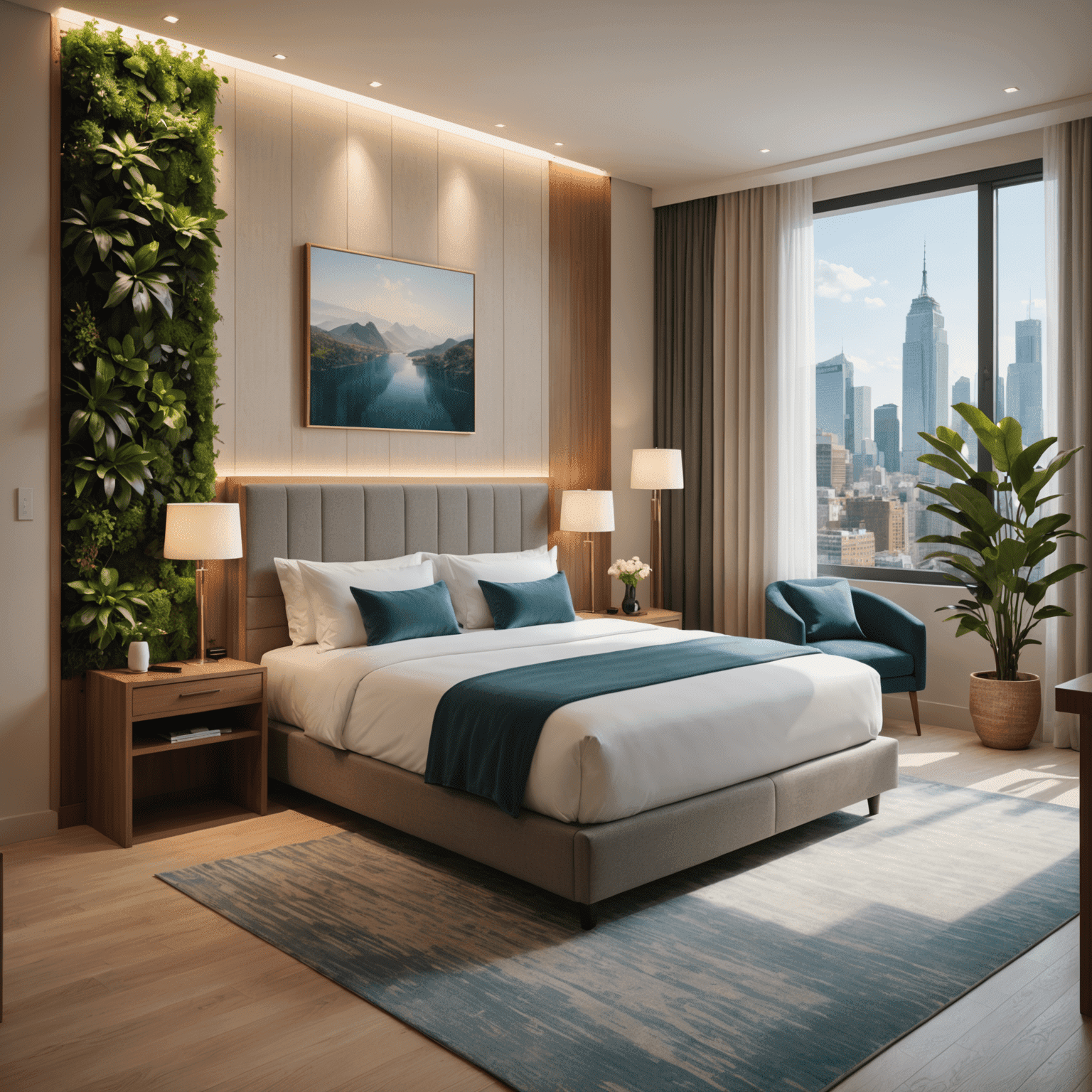A luxurious hotel room with visible eco-friendly features such as energy-efficient lighting, recycling bins, and a living plant wall