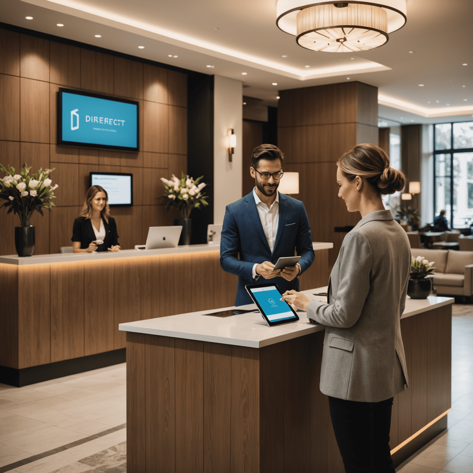 A modern hotel lobby with a reception desk and a guest using a tablet to make a direct booking. The image showcases the seamless process of direct bookings.