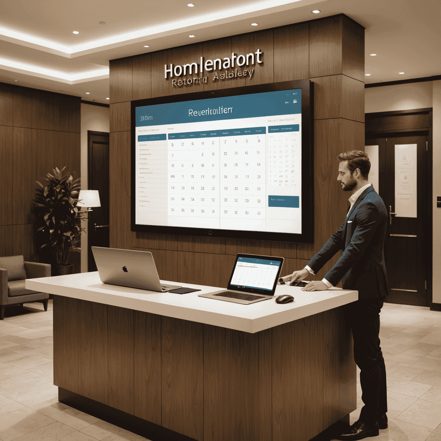 A modern hotel reception desk with staff using computers to manage room bookings. The interface on the screen shows a calendar view of room availability and a list of incoming reservations.