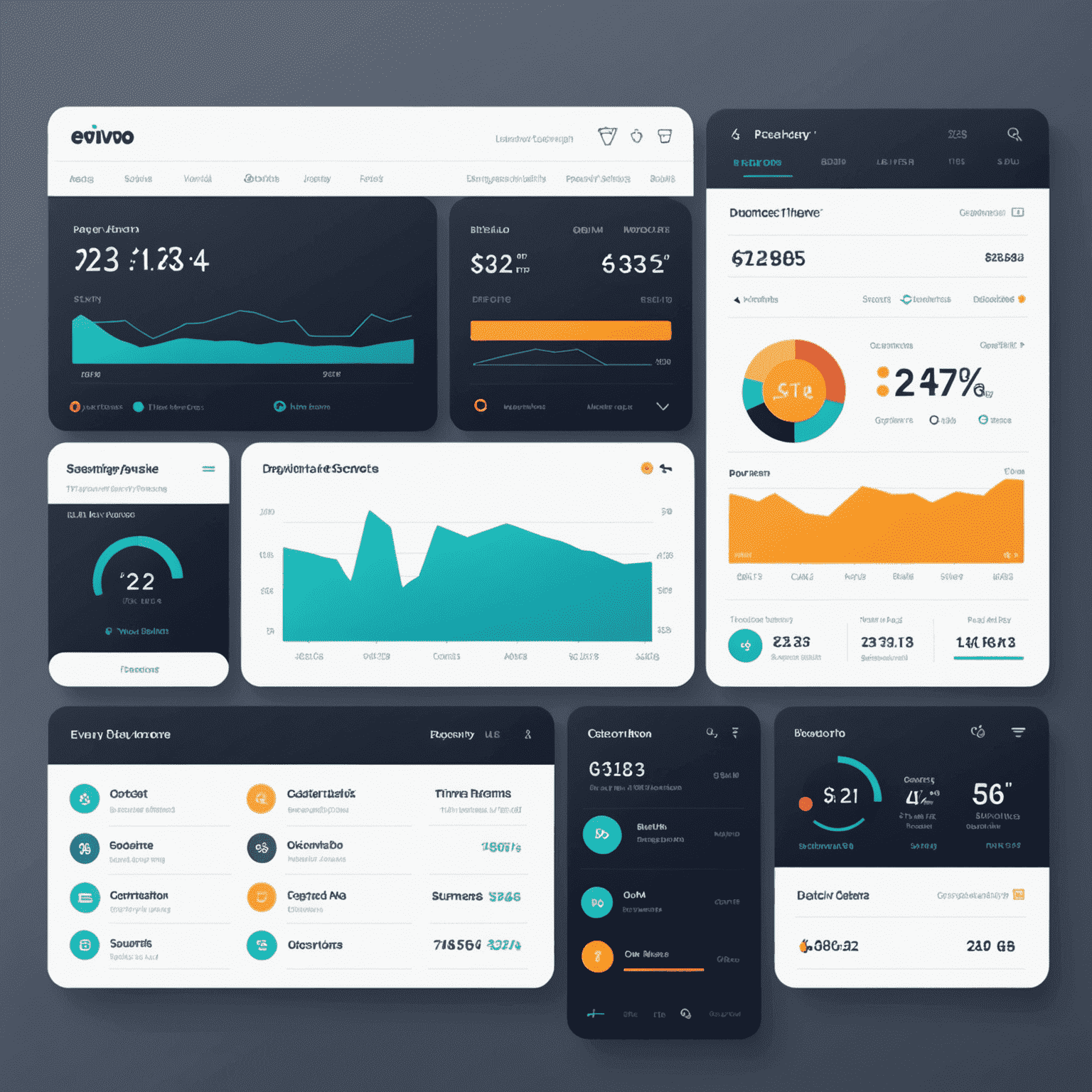 A modern, sleek interface of Evivvo's payment processing dashboard, showing various payment methods, transaction history, and real-time financial analytics