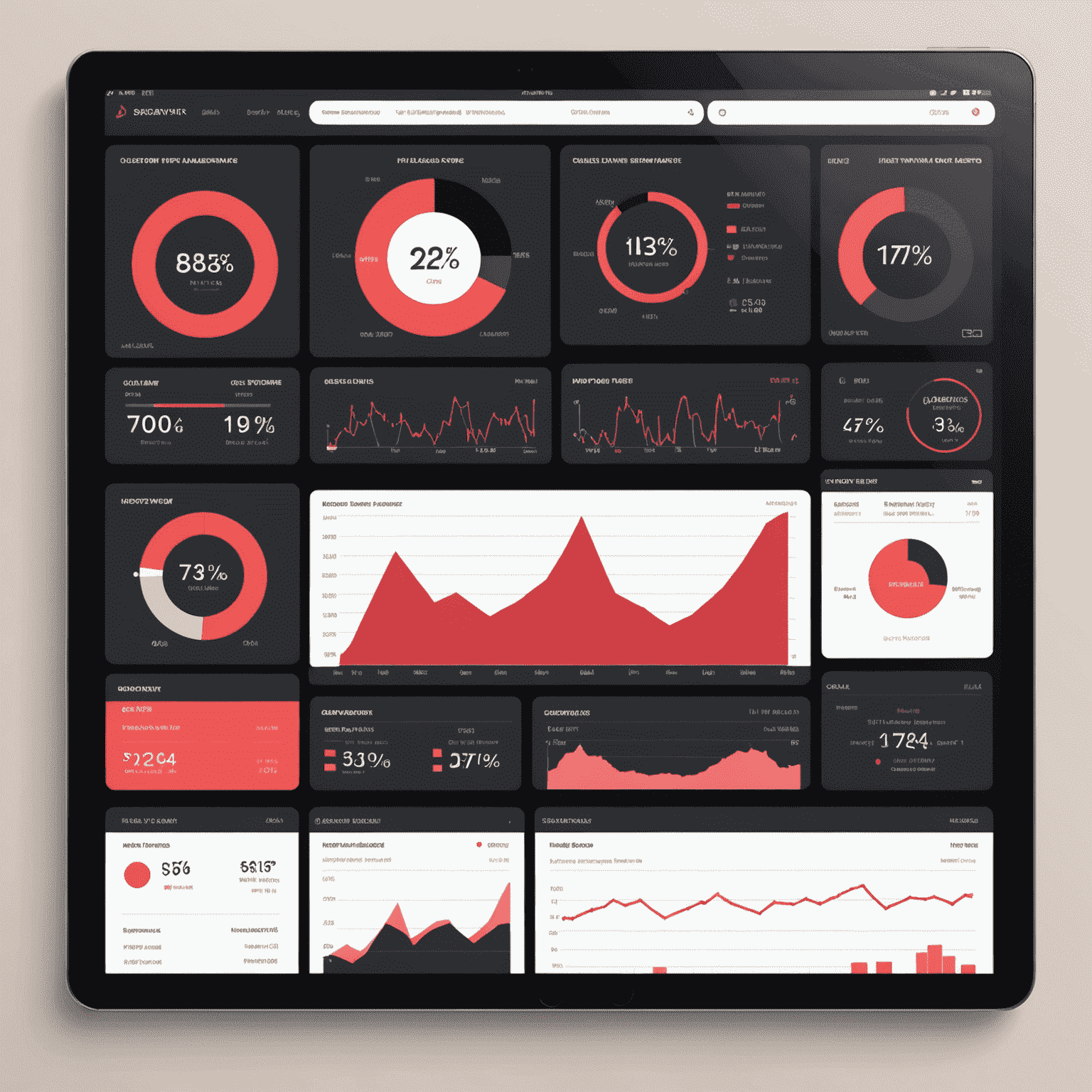 A modern analytics dashboard showing hotel performance metrics such as occupancy rates, revenue, and guest satisfaction scores. The interface features graphs, charts, and key performance indicators in a visually appealing layout with red, pink, black, and white color scheme.