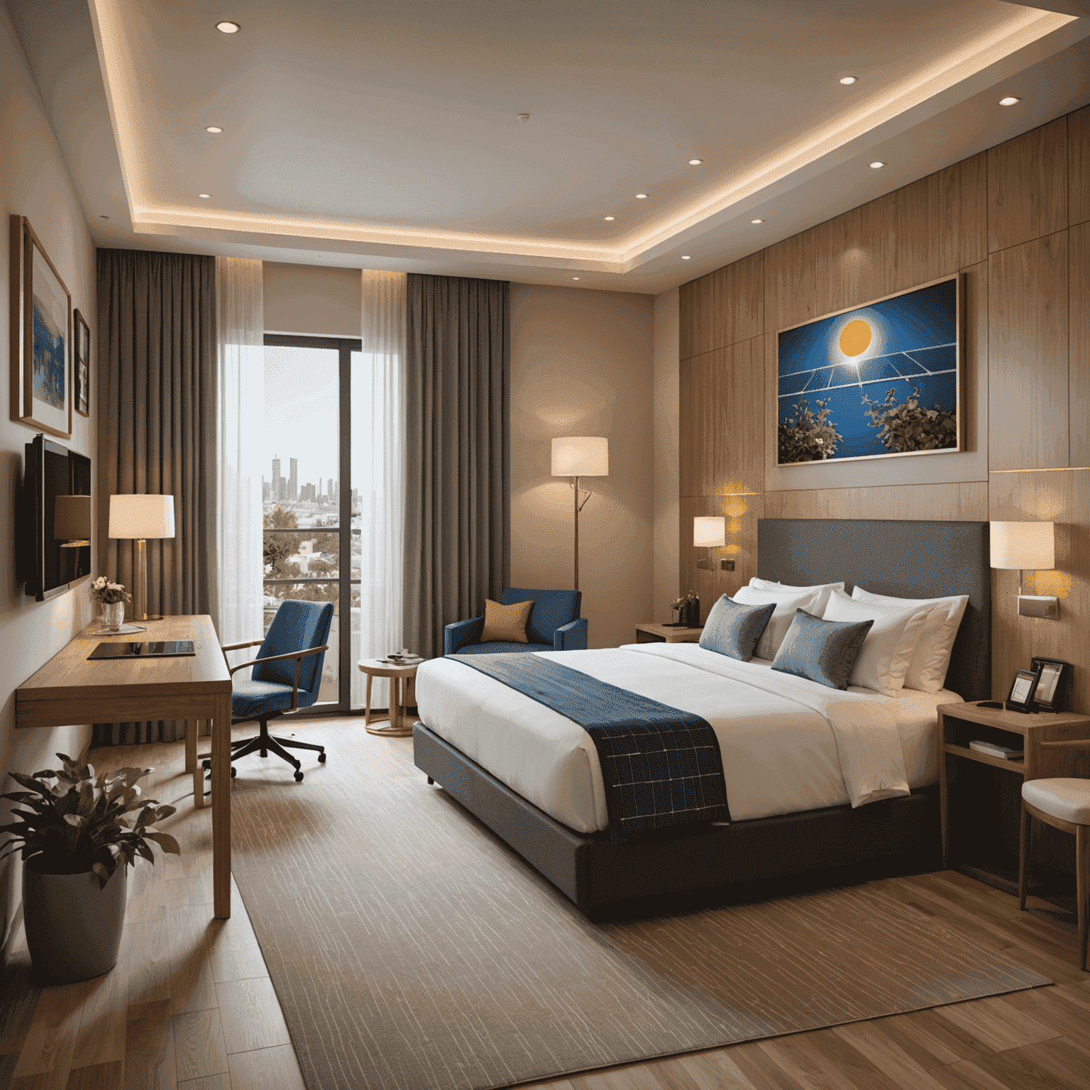 A modern hotel room with visible eco-friendly features such as solar panels, recycling bins, and energy-efficient lighting