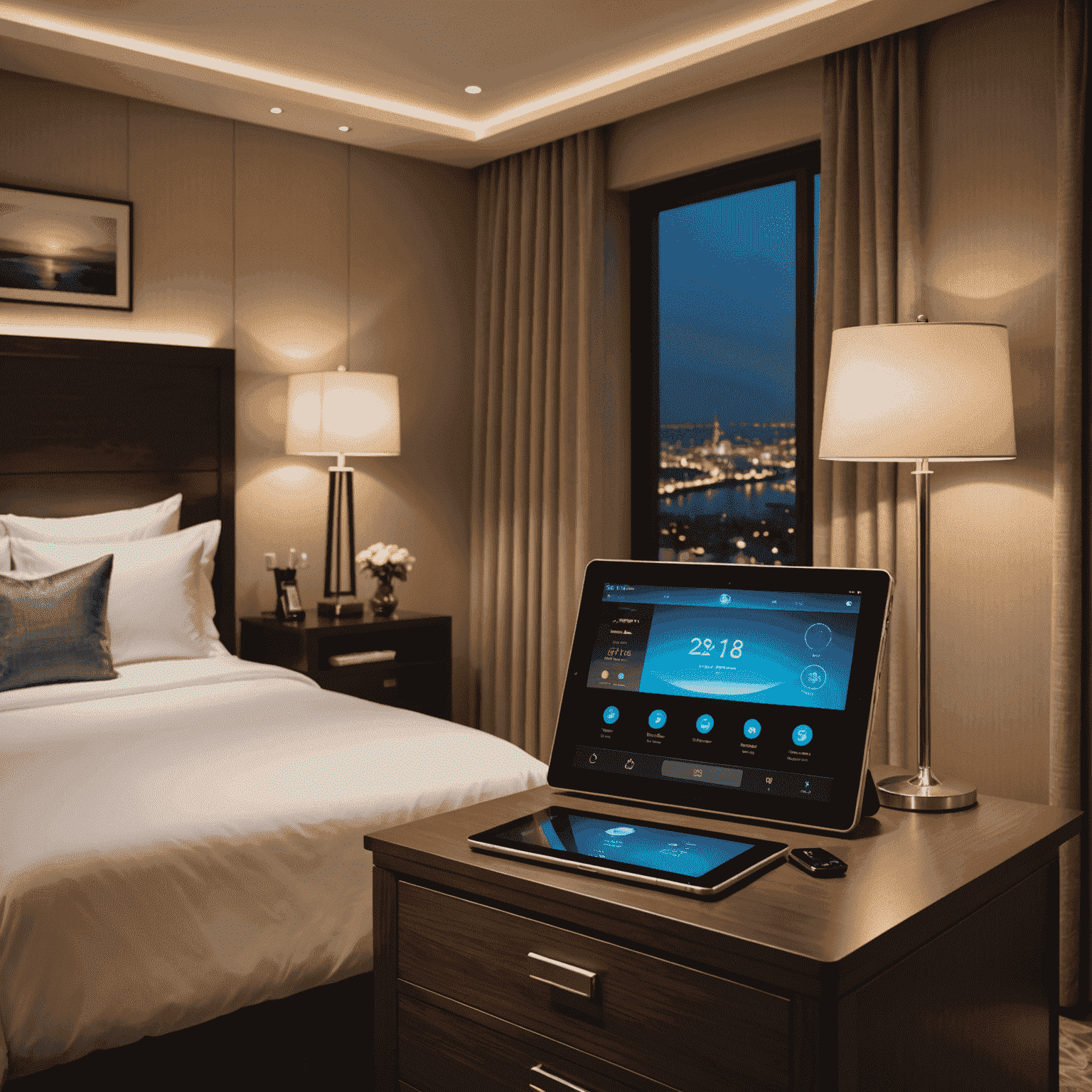 A luxurious hotel room with a tablet on the bedside table displaying smart room control interface, showing options for lighting, temperature, and entertainment systems