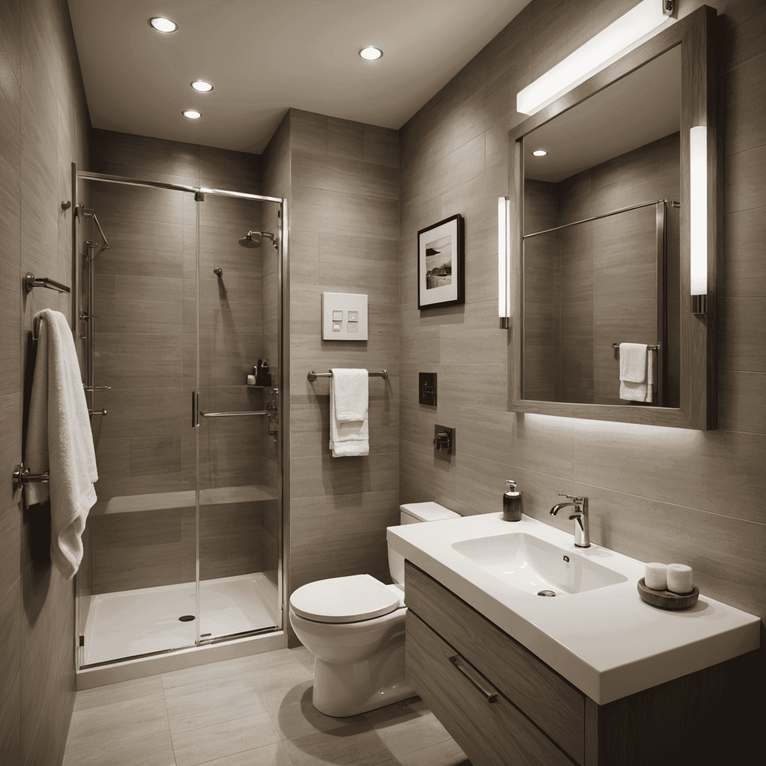 A hotel bathroom featuring water-saving fixtures, including a low-flow showerhead and dual-flush toilet