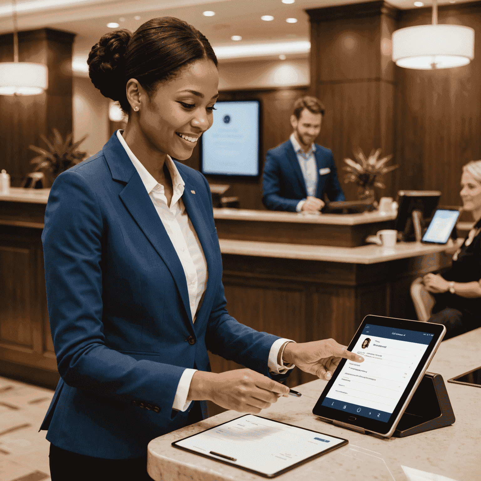 A hotel receptionist using Evivvo's payment processing system on a tablet, with a satisfied guest in the background completing their check-out process