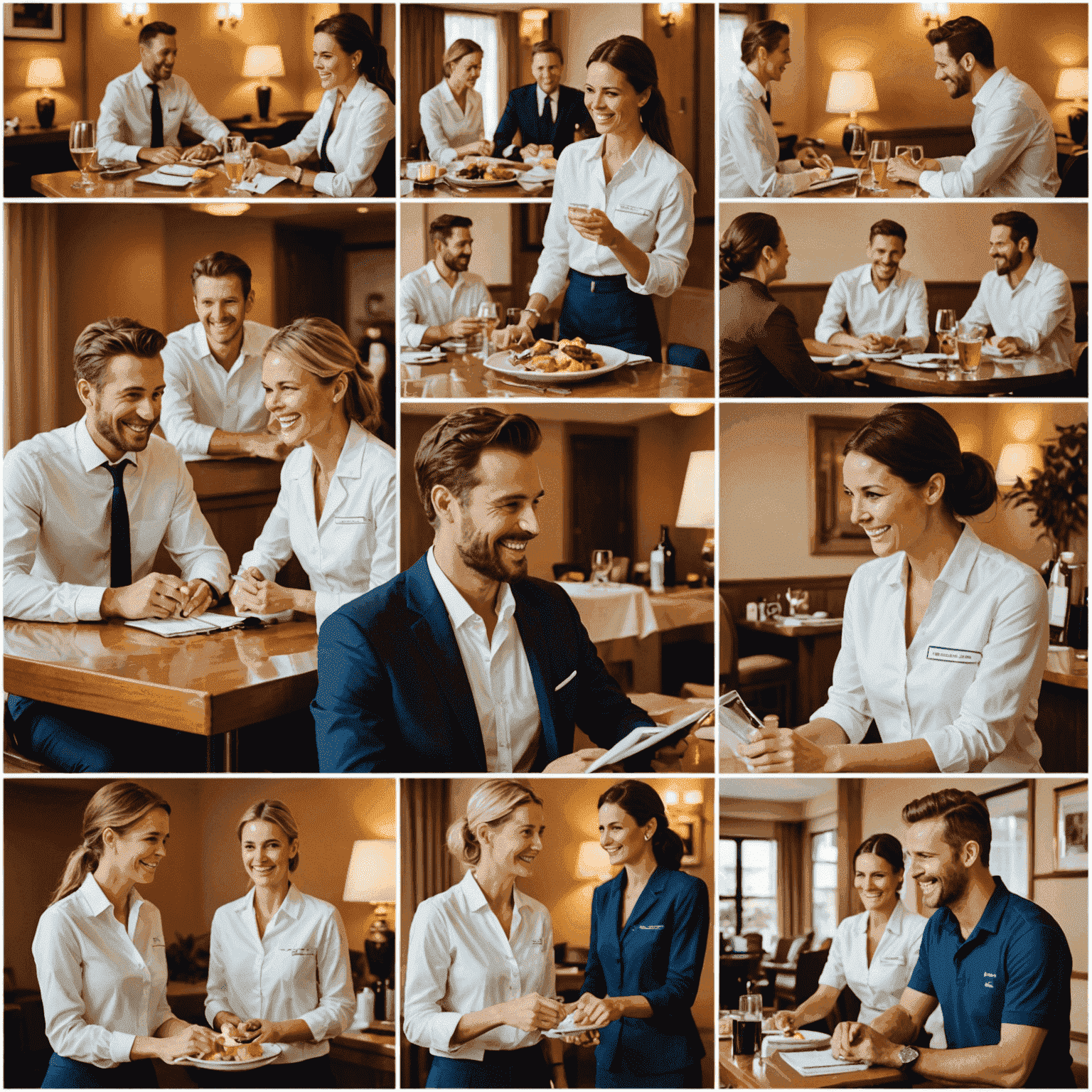 Collage of happy hotel guests enjoying their stay, smiling and interacting with hotel staff