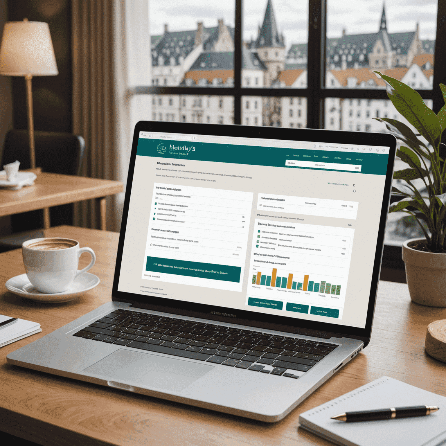 A laptop screen showing a hotel's booking engine interface with charts indicating increased direct bookings