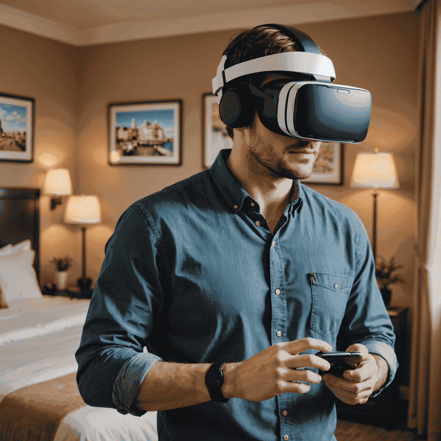 A guest wearing a VR headset in a hotel room, experiencing a virtual tour of local attractions with AR overlay showing information about restaurants and activities