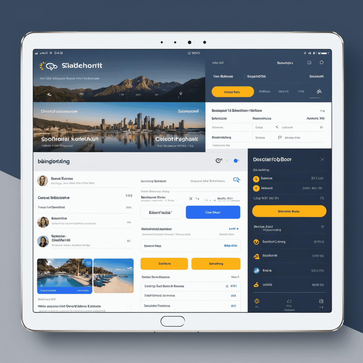 A dashboard showing multiple booking channels like Booking.com, Expedia, and direct bookings with synchronization arrows